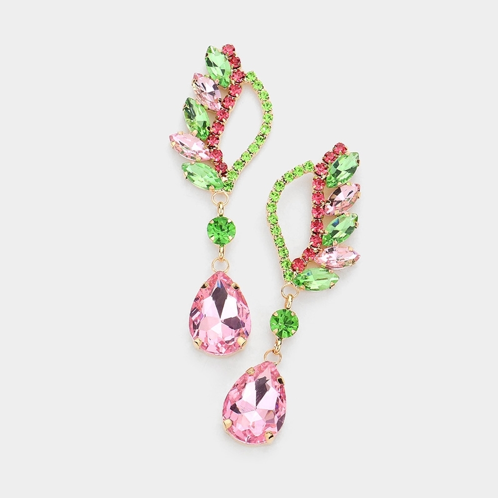 Pink Green Cluster Marquise Stone Crystal Dangle Earrings Teardrop Evening